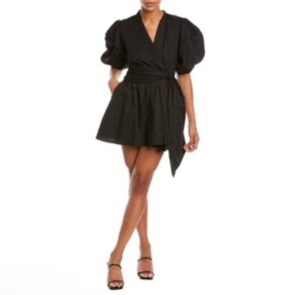 Garrie B Black Wrap Mini Dress Puff Sleeve V-Neck Tie Waist Women’s Size S